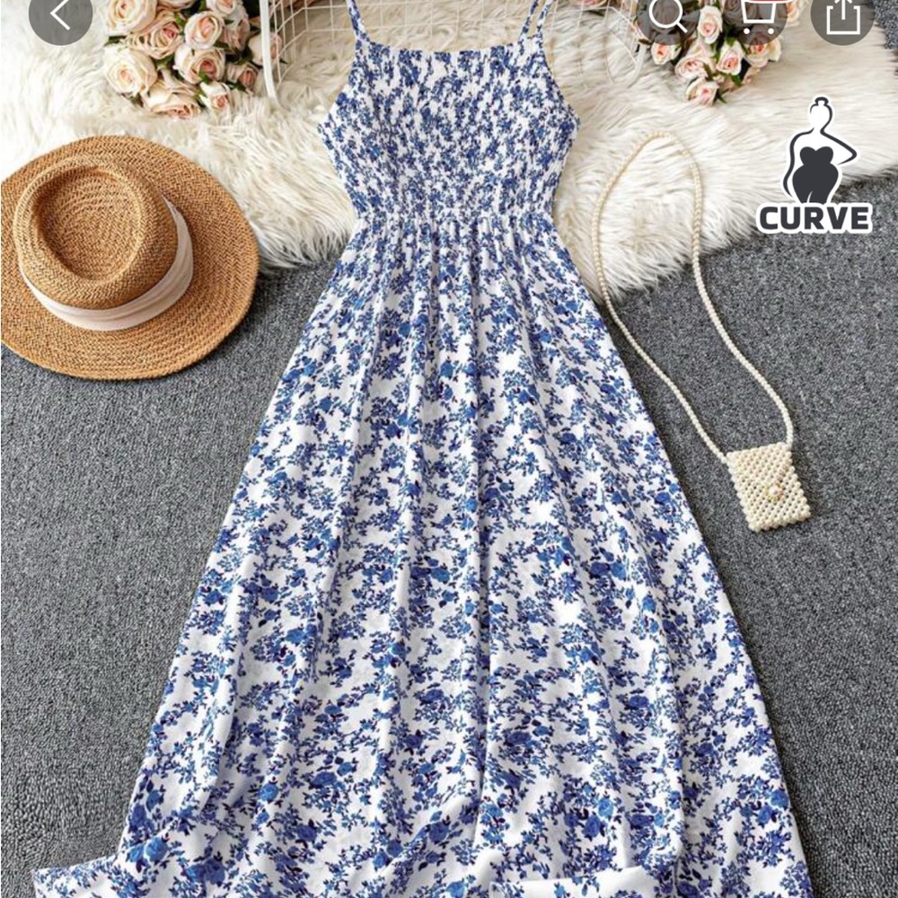 Blue and White Smocked Halter Maxi Sundress